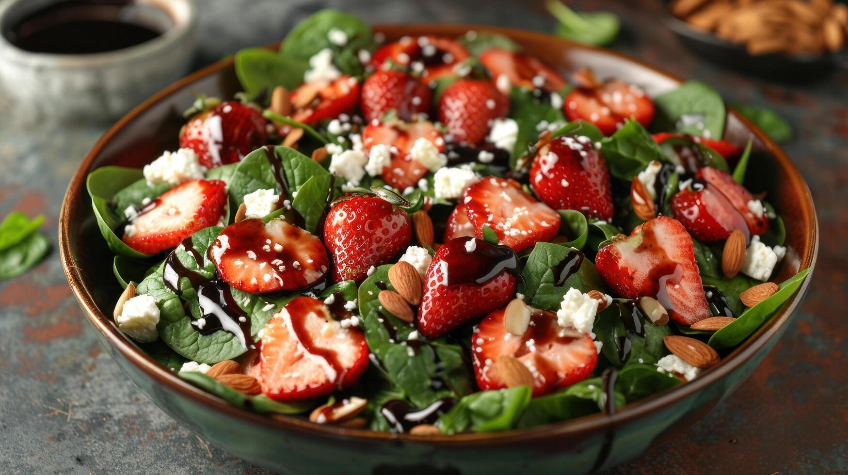 AI generated a strawberry spinach salad, with sliced strawberries, almonds, and feta cheese, drizzled with balsamic glaze photo