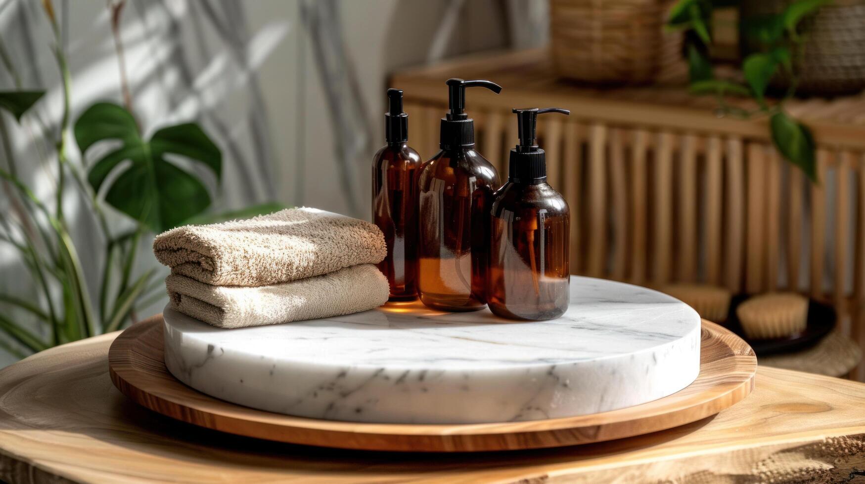 AI generated White marble round podium ideal for displaying bath products in bathrooms photo