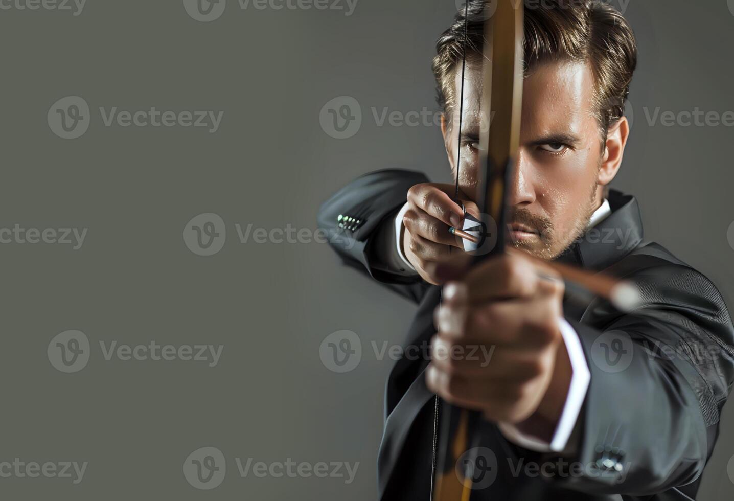 AI generated business man in stylish suit, holding archery photo
