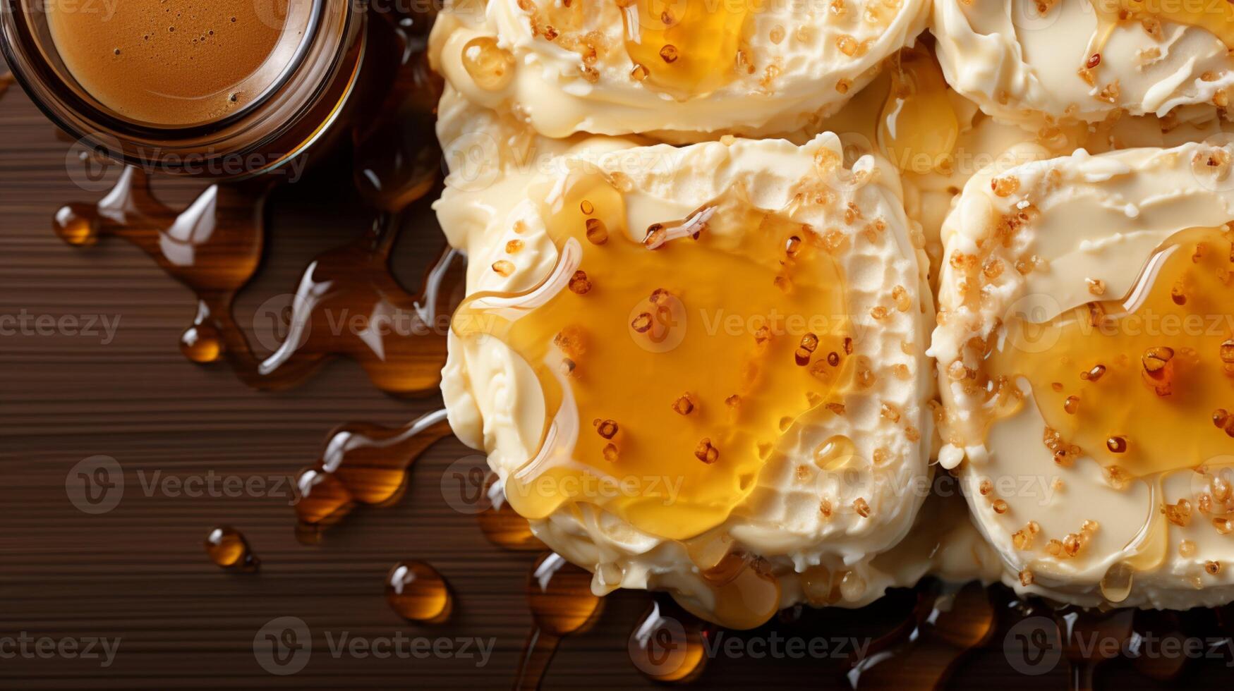 ai generado miel jarabe y vainilla crema gofre bocadillo postre foto