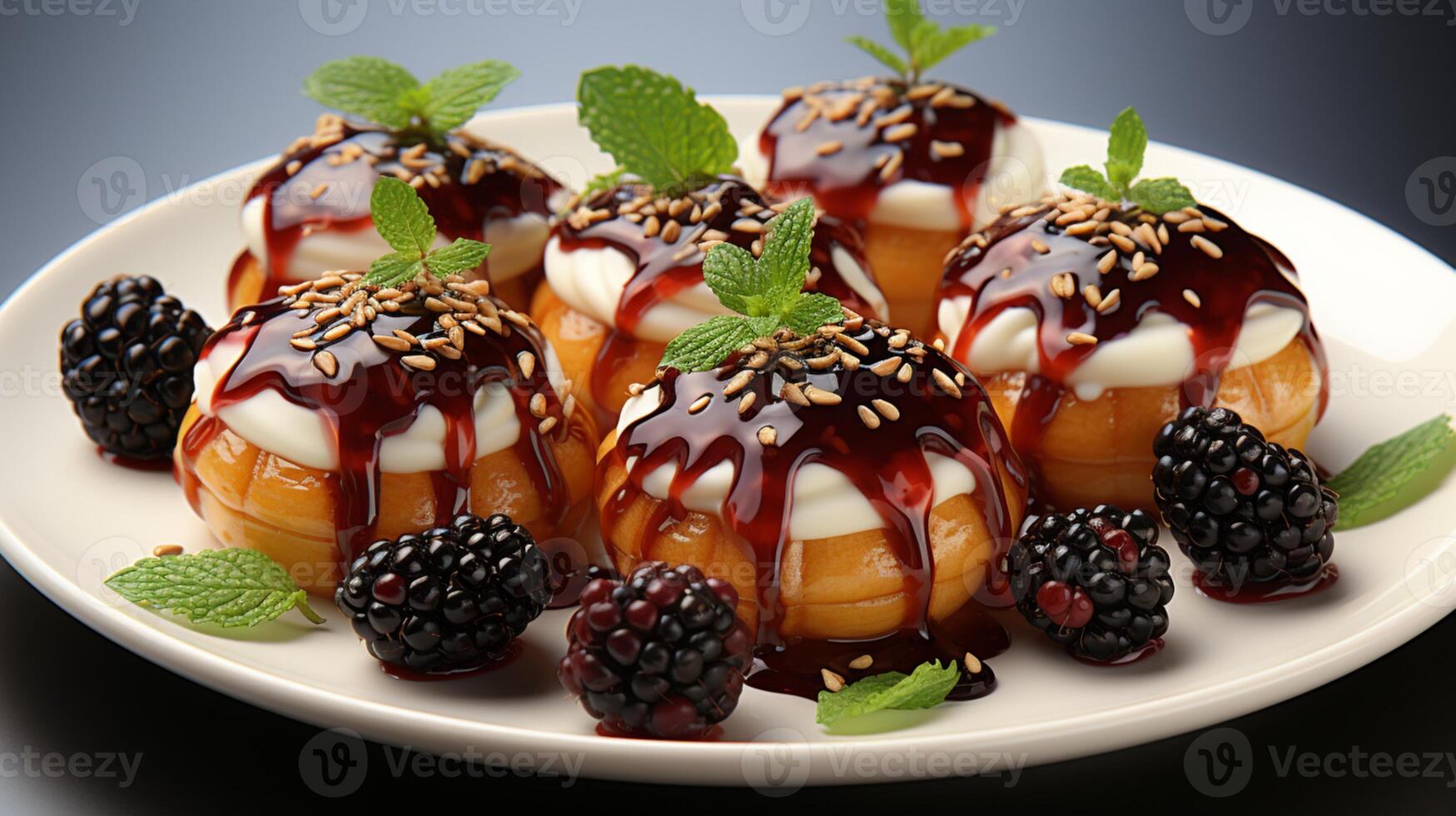 AI generated Blackberry mini pie tart with vanilla cream topping photo