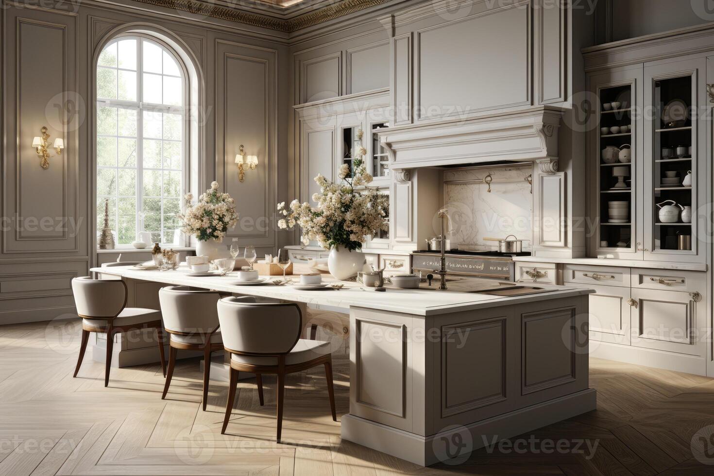 ai generado un europeo estilo cocina interior diseño con alto ventanas publicidad fotografía foto