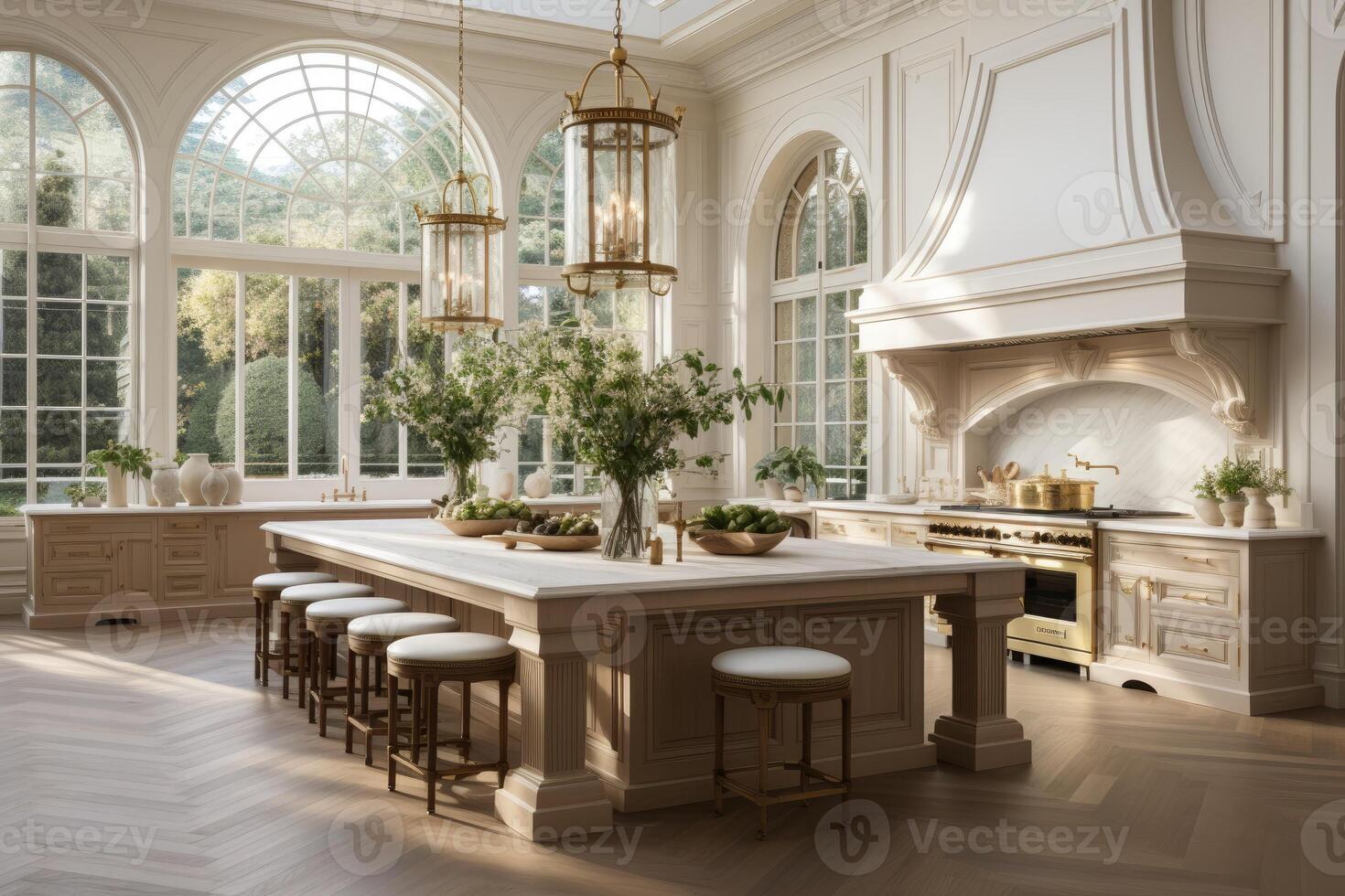 AI generated an European style kitchen interior design with tall windows advertising photography photo
