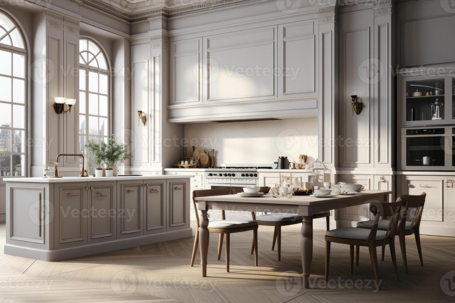 AI generated an European style kitchen interior design with tall windows advertising photography photo