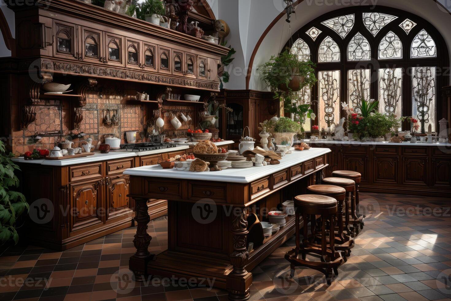 AI generated an European style kitchen interior design with tall windows advertising photography photo