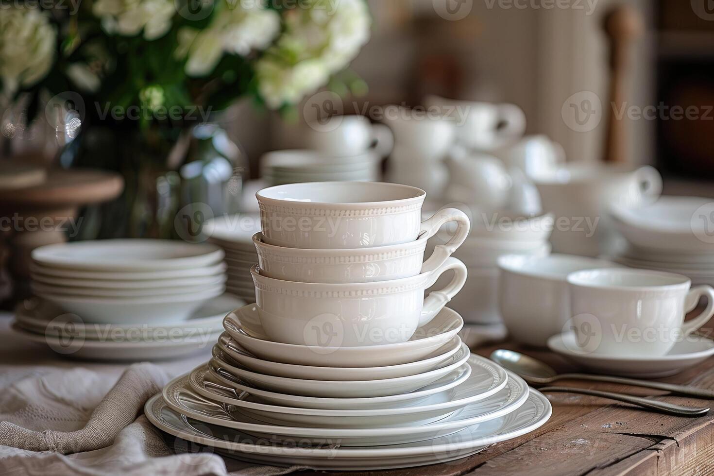 AI generated white fine porcelain on the set table professional advertising photography photo