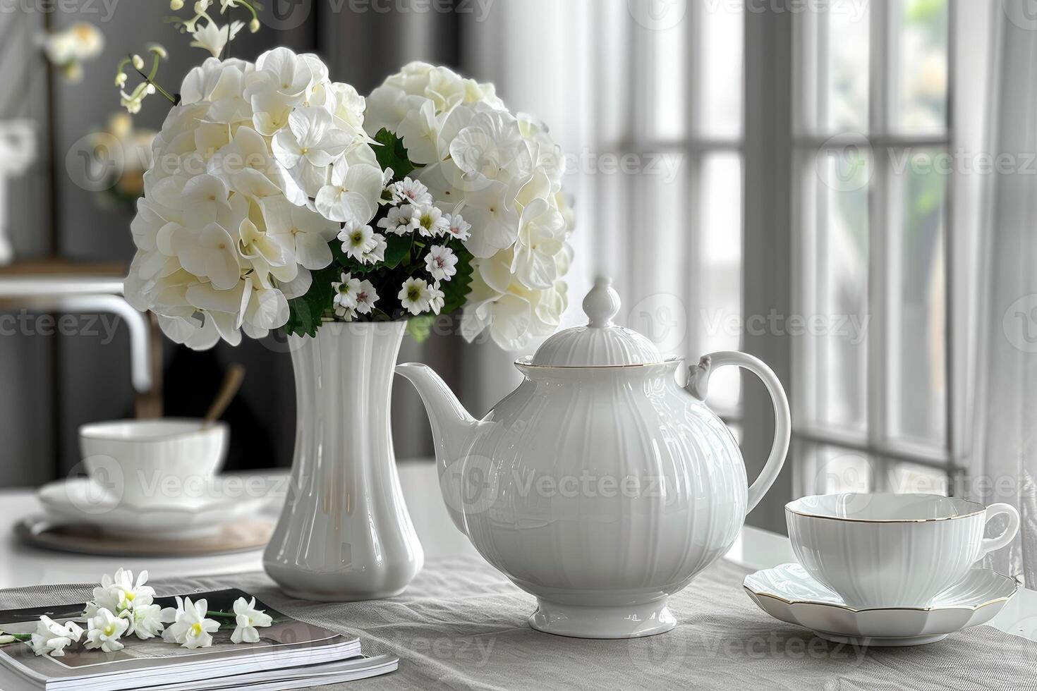 AI generated white fine porcelain on the set table professional advertising photography photo