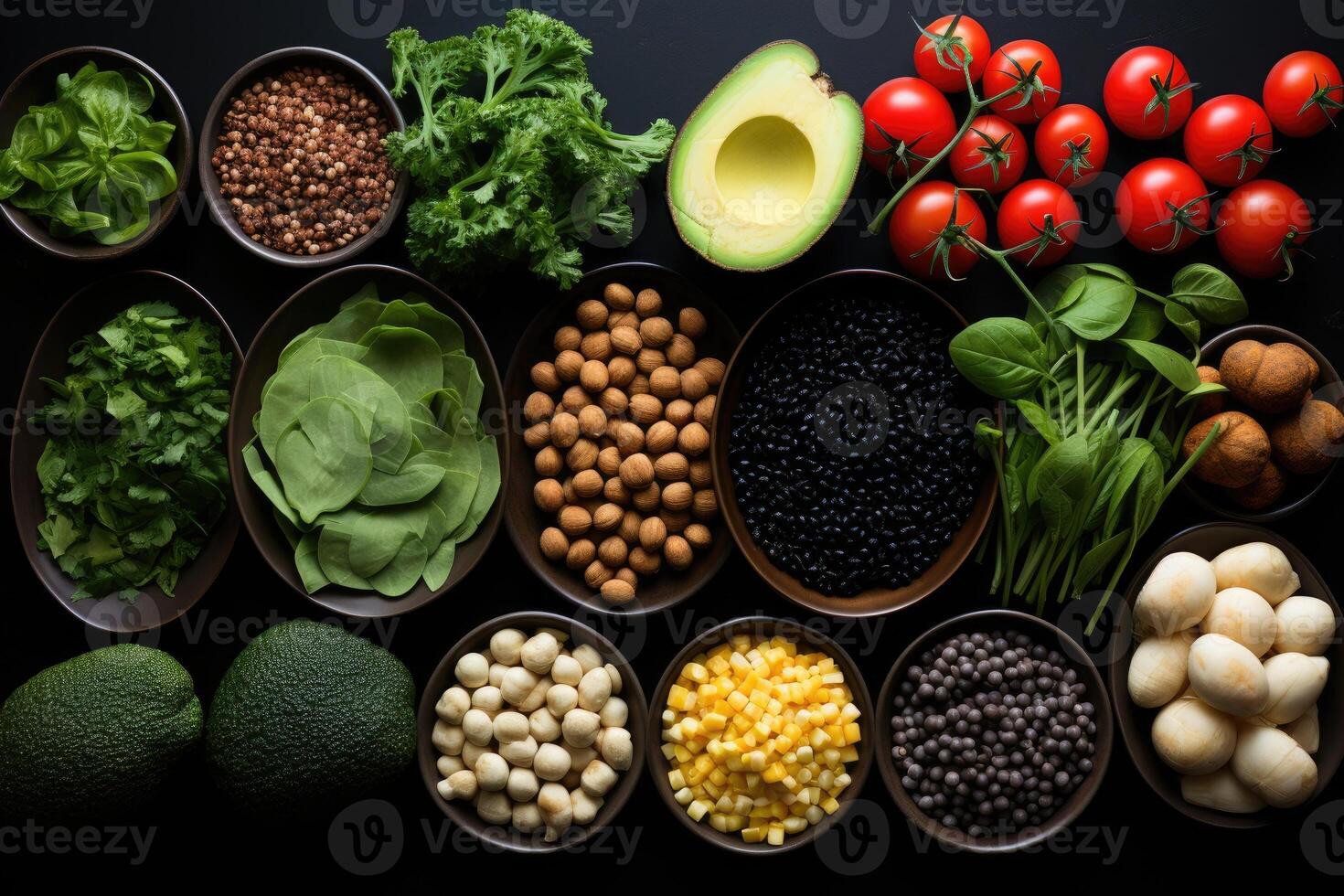 AI generated table full of different of ingredient or types of foods professional advertising food photography photo