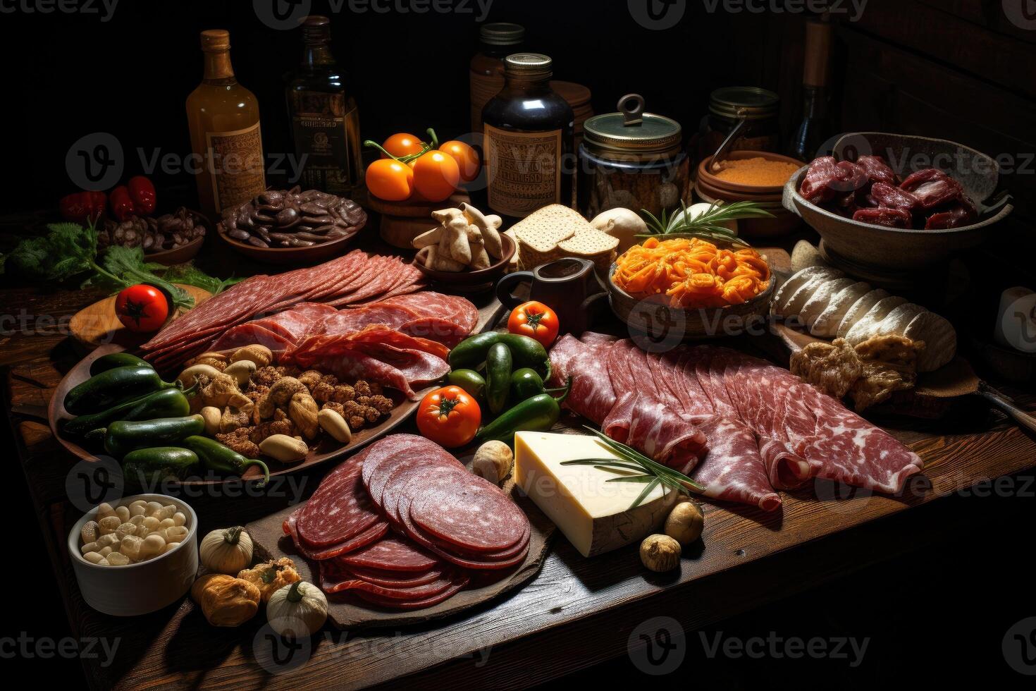 AI generated table full of different of ingredient or types of foods professional advertising food photography photo