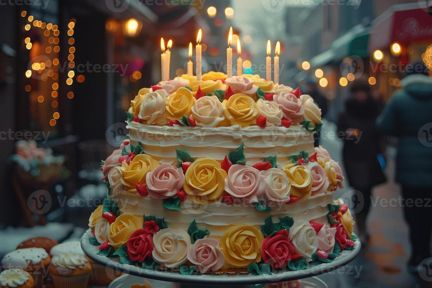 AI generated ultimate birthday cake with candle professional advertising food photography photo