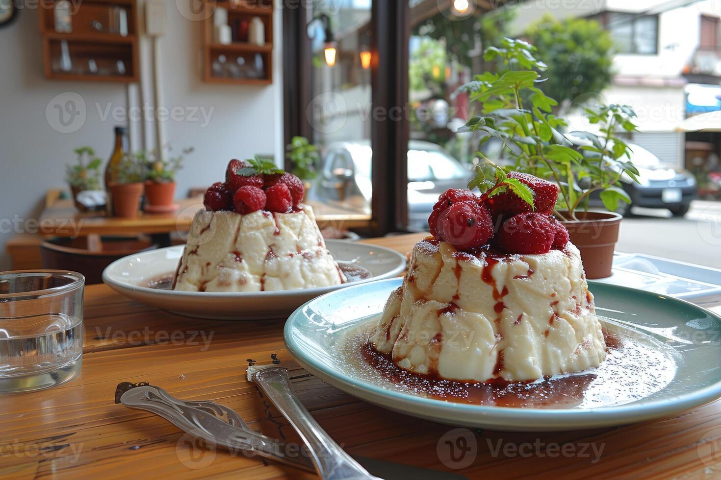 ai generado un Flan en un plato con en parte superior cocina mesa profesional publicidad comida fotografía foto