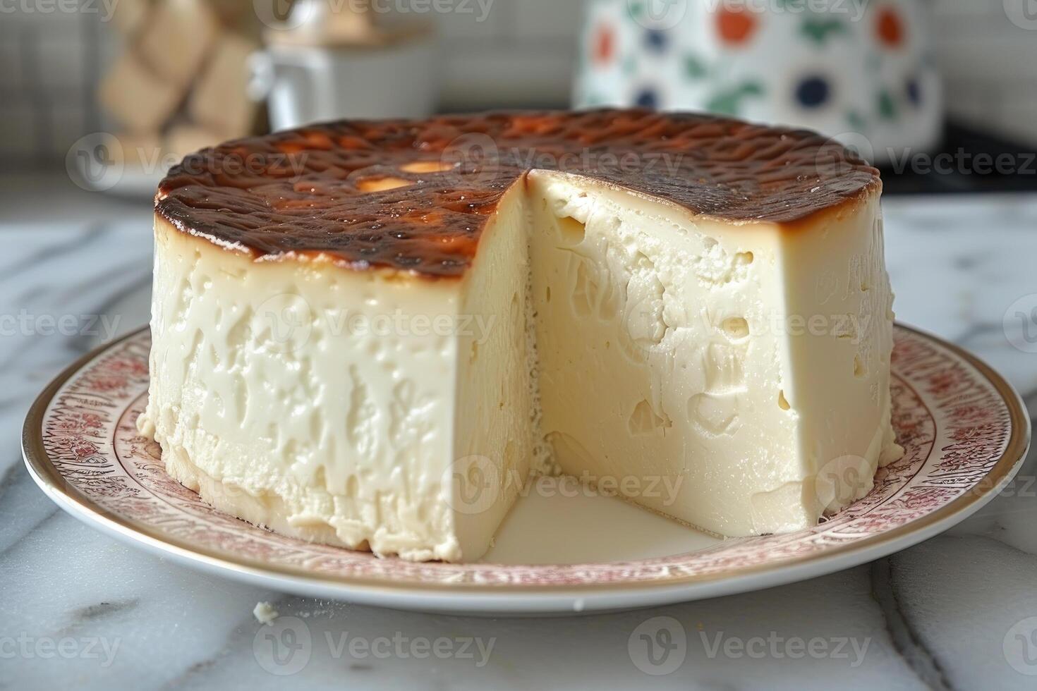 AI generated a flan on a plate with on top kitchen table professional advertising food photography photo