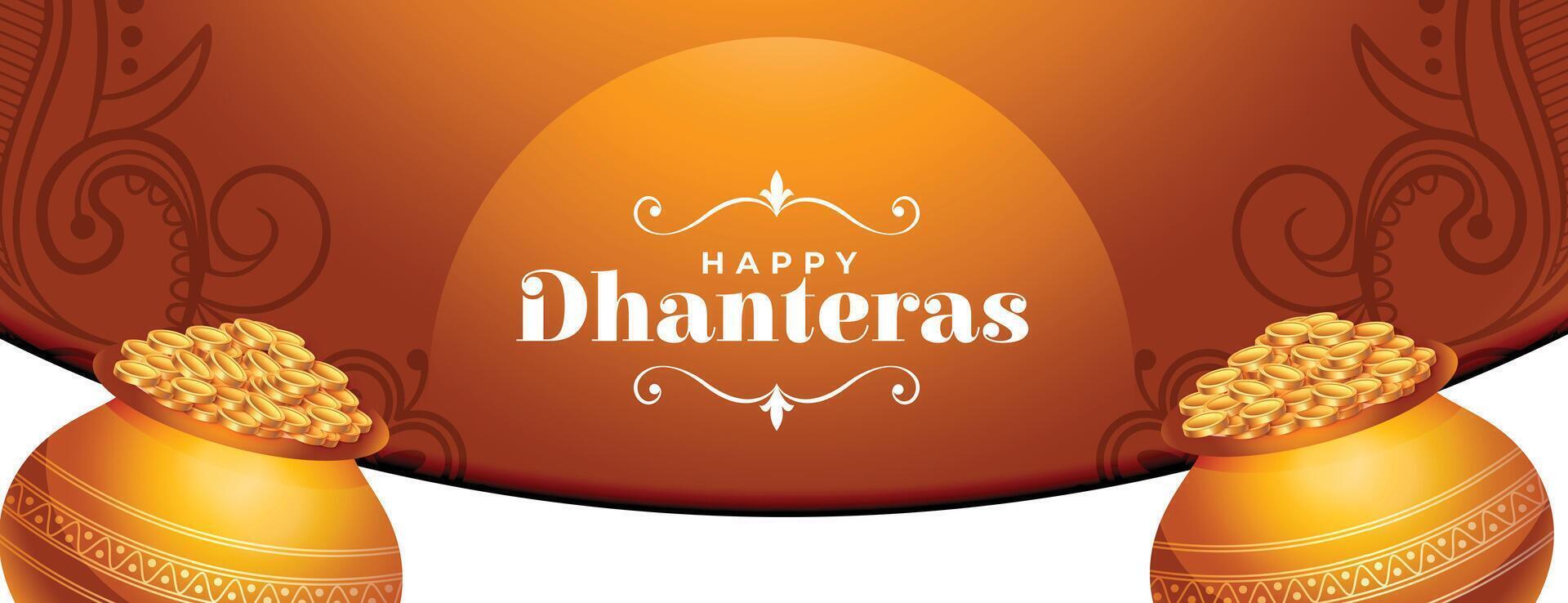 hindú festival contento Dhanteras deseos bandera con oro moneda maceta diseño vector