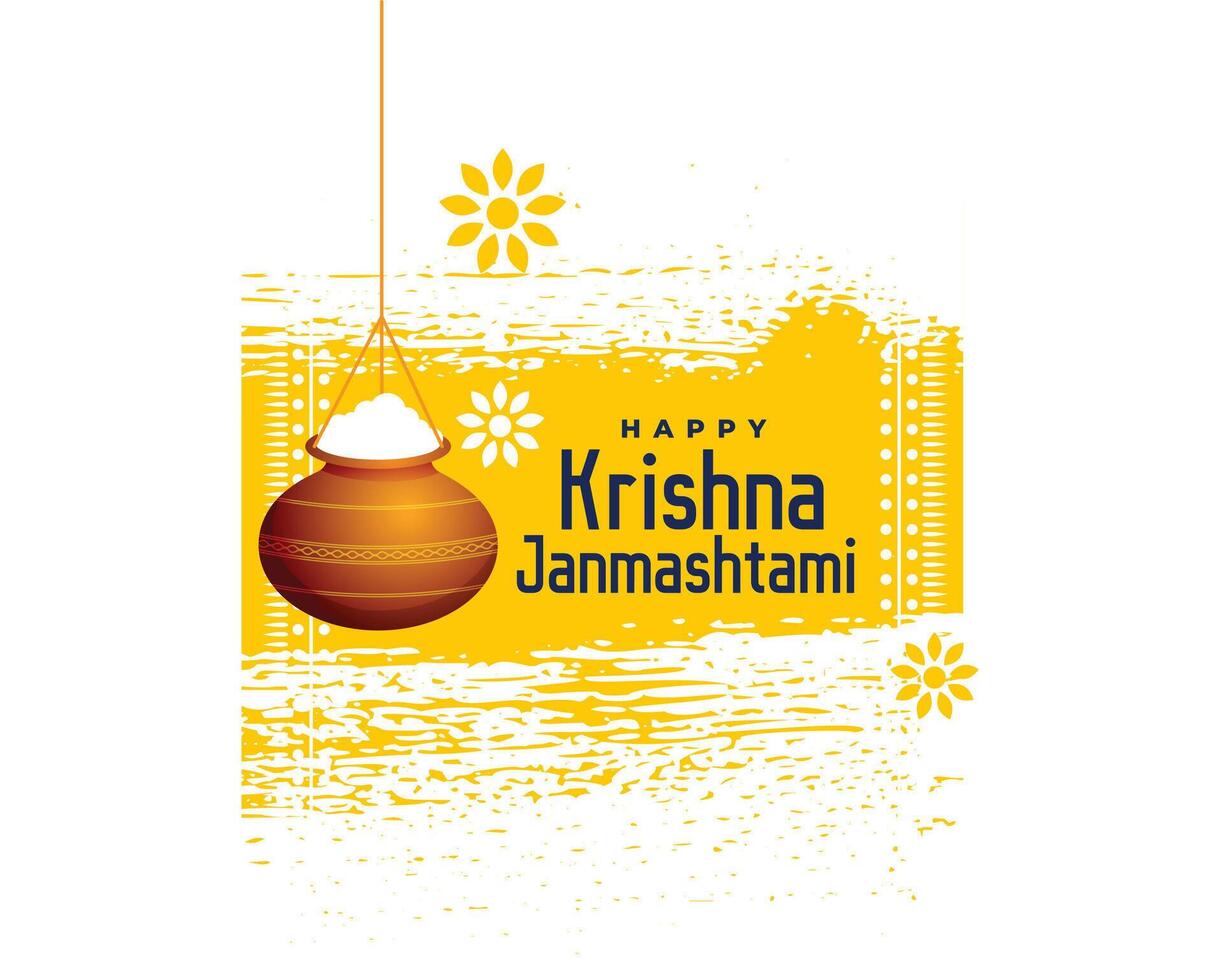 contento Krishna janmashtami saludo con colgando matki diseño vector