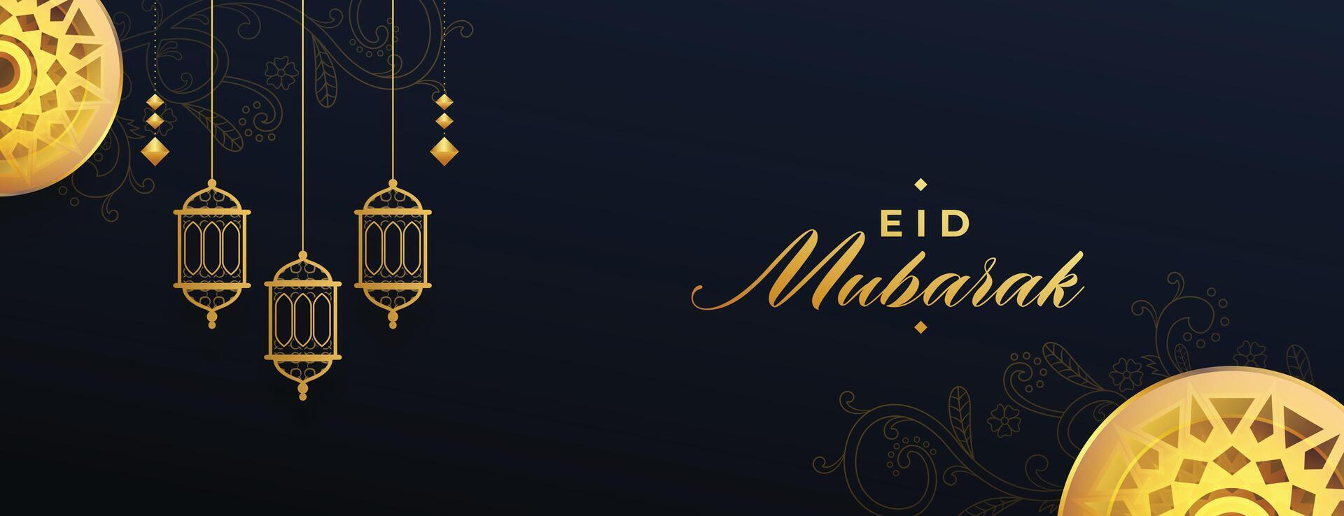 eid mubarak golden and black banner with lantern design vector