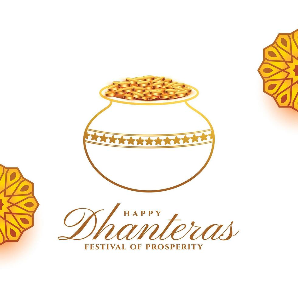 decorative happy dhanteras religious background with coin kalasha for prosperity vector