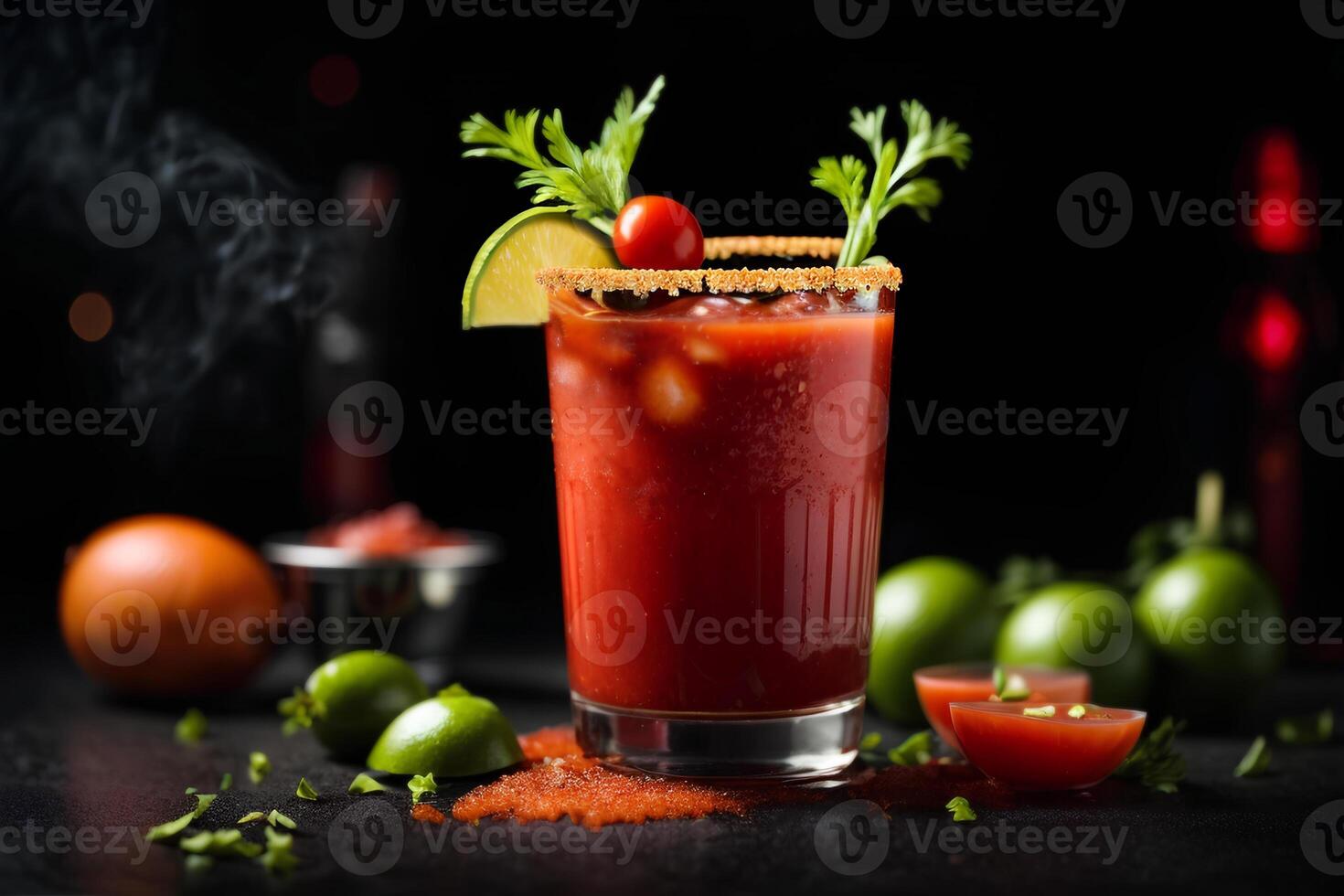 AI generated Bloody Mary cocktail with tomato, lime and cilantro on dark background. Commercial promotional photo