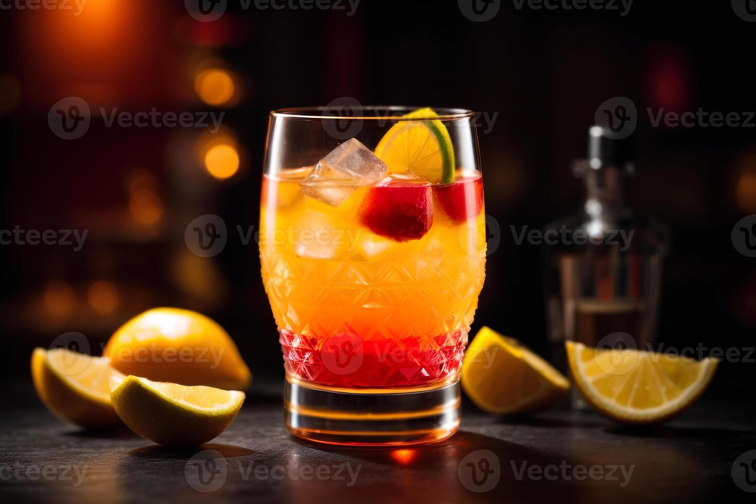 AI generated Tequila sunrise cocktail with lime and ice on dark background. Commercial promotional photo