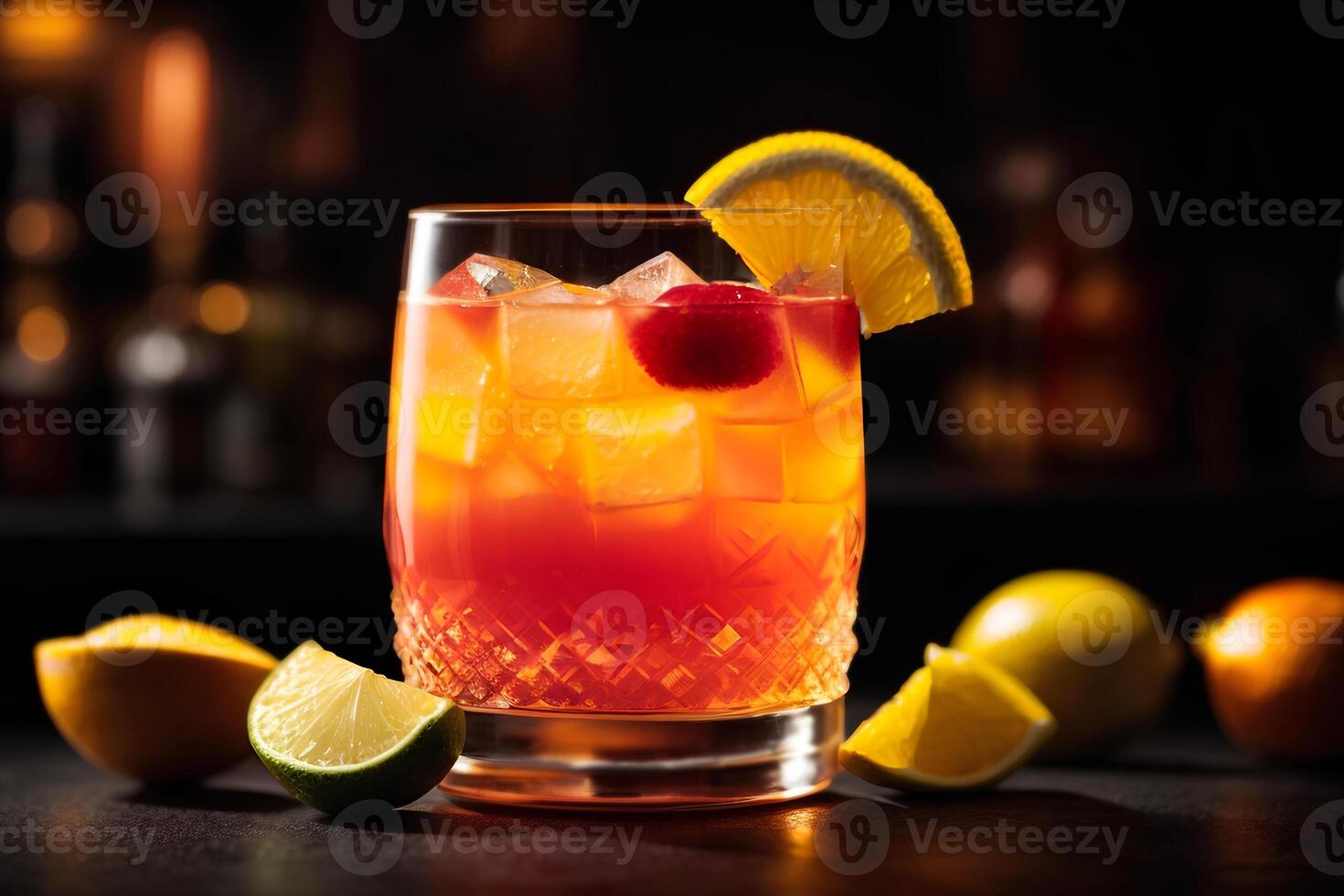 AI generated Tequila sunrise cocktail with lime and ice on dark background. Commercial promotional photo
