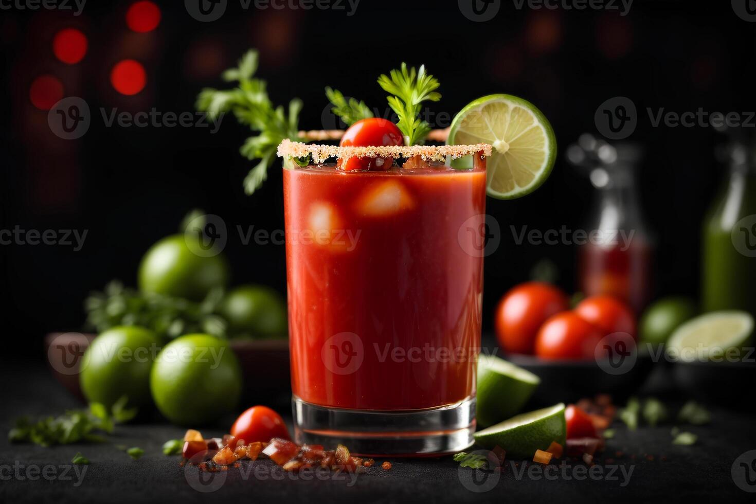 AI generated Bloody Mary cocktail with tomato, lime and cilantro on dark background. Commercial promotional photo