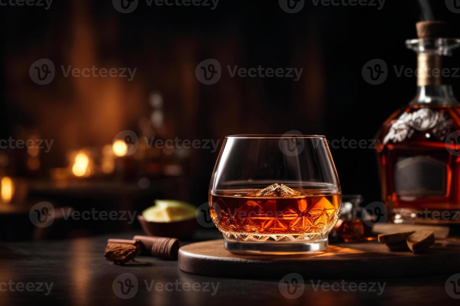 AI generated Bottle and glass of whiskey or cognac on dark background. Commercial promotional photo