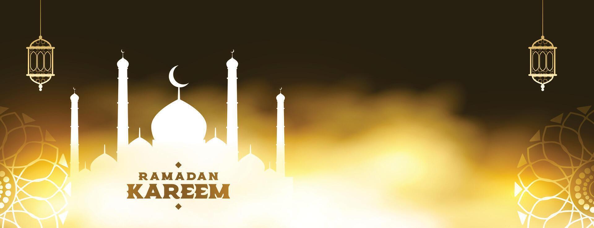 islamic ramadan kareem arabic banner with mosque and lanterns vector