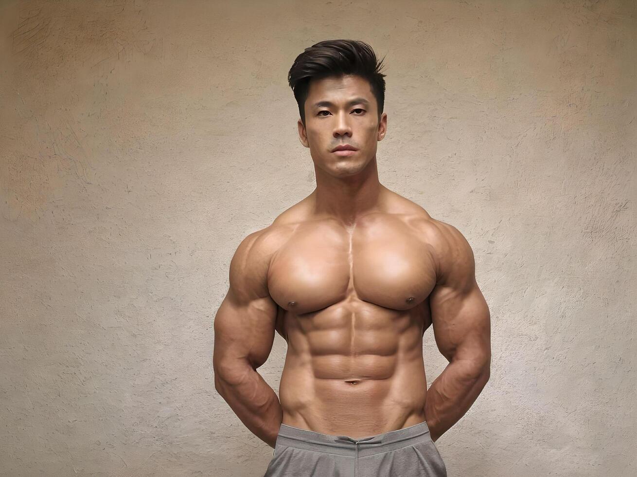 AI generated Portrait of Posing Shirtless and Sexy Muscular Asian Man Looking at Camera Wearing Shorts Isolated on Wall Background photo