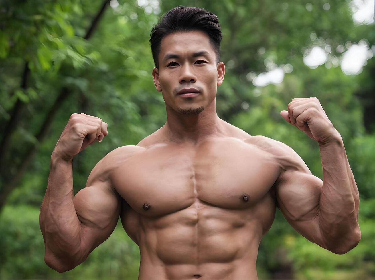 AI generated Bare Chested Muscle Asian Guy Flexing Arms Looking at Camera Portrait in The Nature Landscape photo