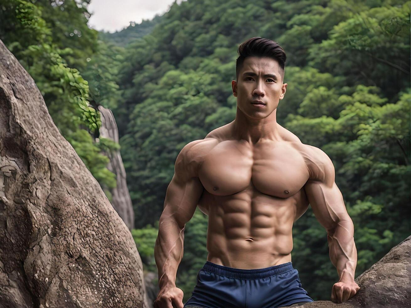 AI generated Sexy Shirtless Asian Guy Wearing Shorts Looking at Camera with Rocks and Valleys with Forest Landscape photo