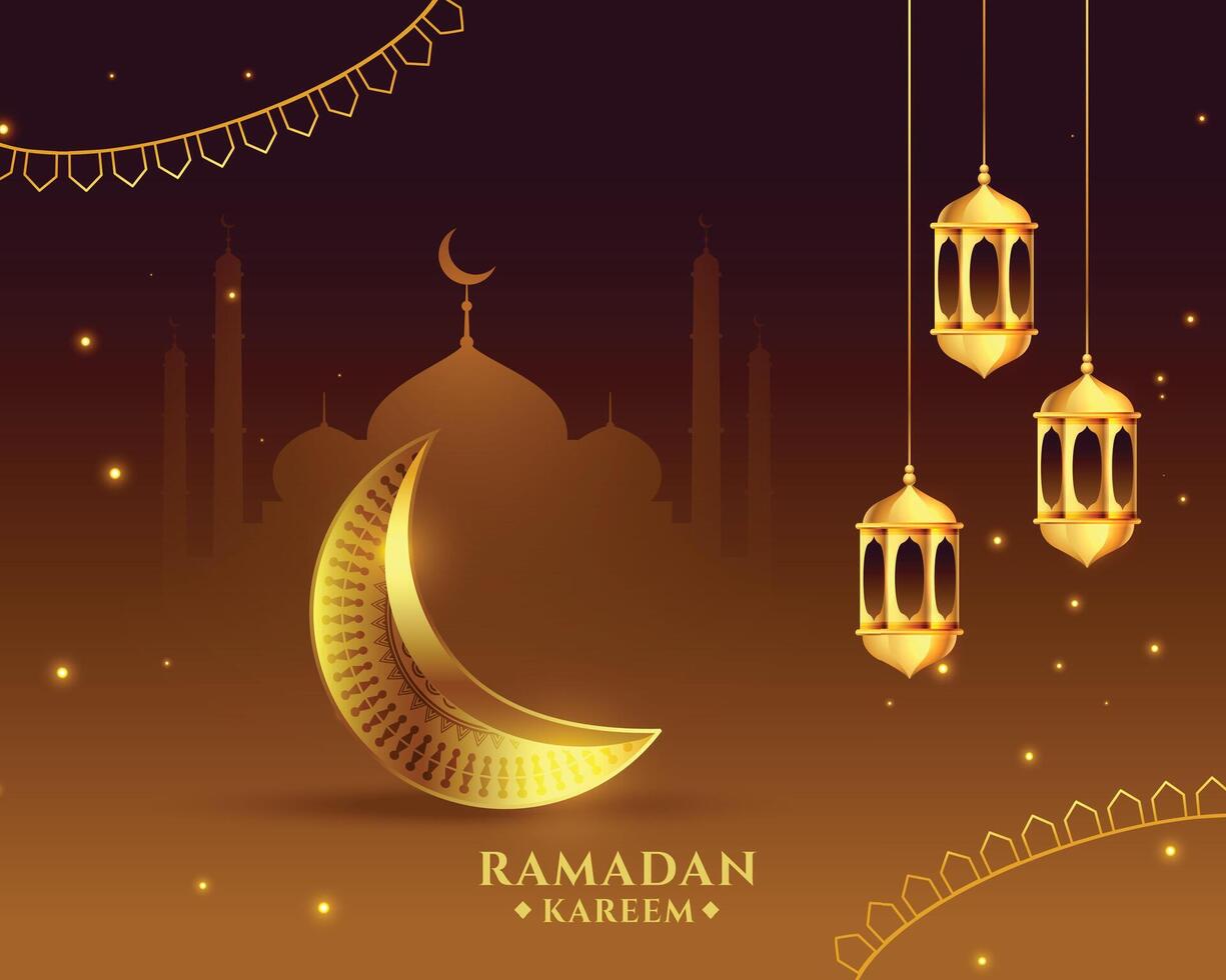 ramadan kareem islamic greeting with golden moon and lantern design vector