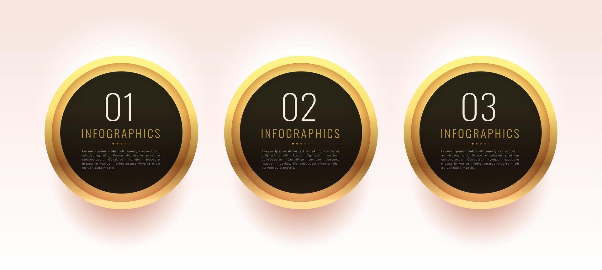 Tres paso negocio infografía bandera con dorado efecto vector