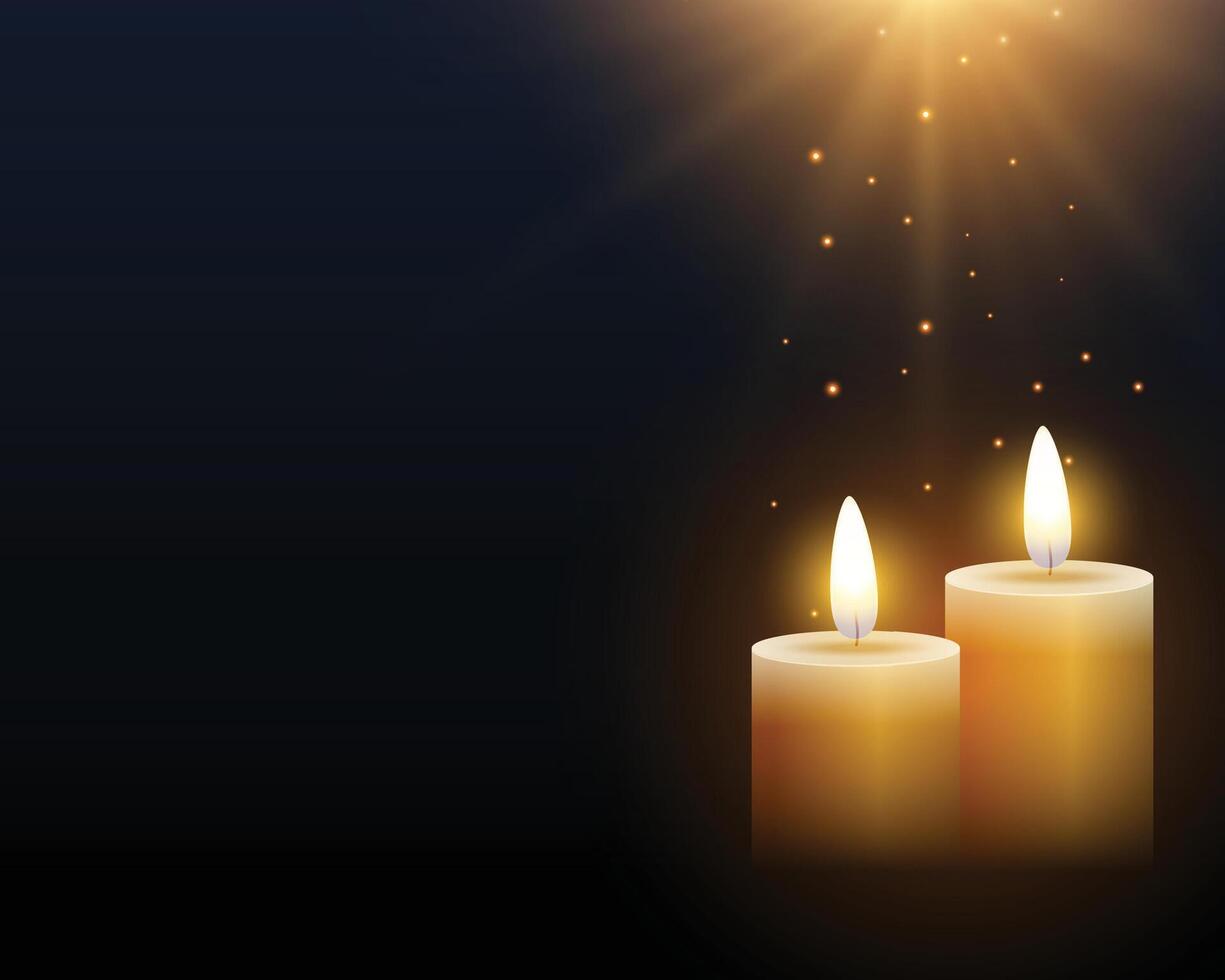 realistic two burning candle dark background with light effect vector