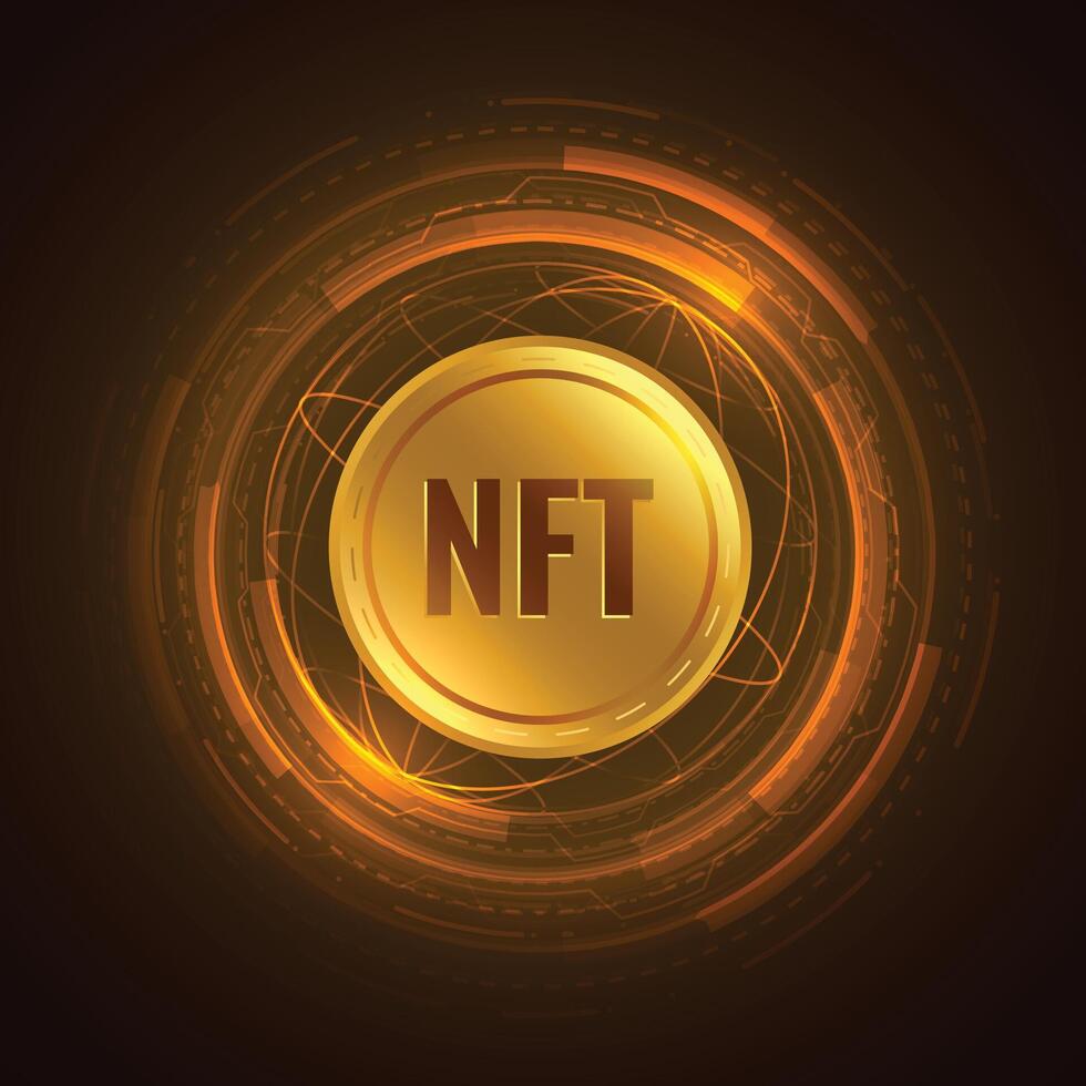 digital NFT non fungible token in golden coin concept poster vector