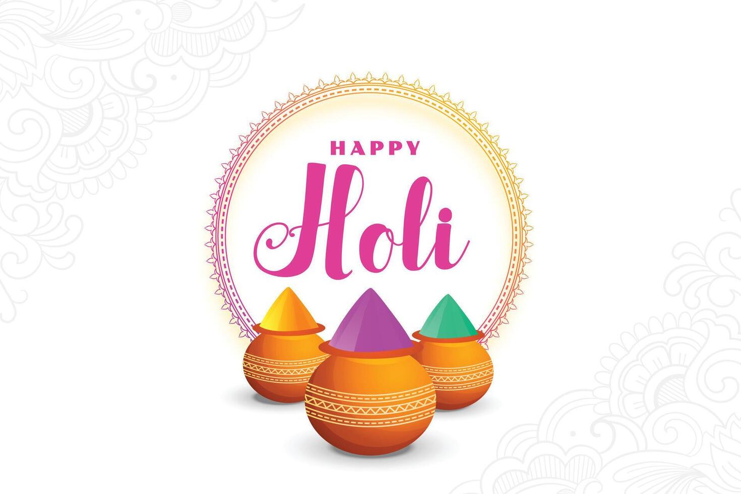 happy holi greeting wishes design with pot of gulal colors vector