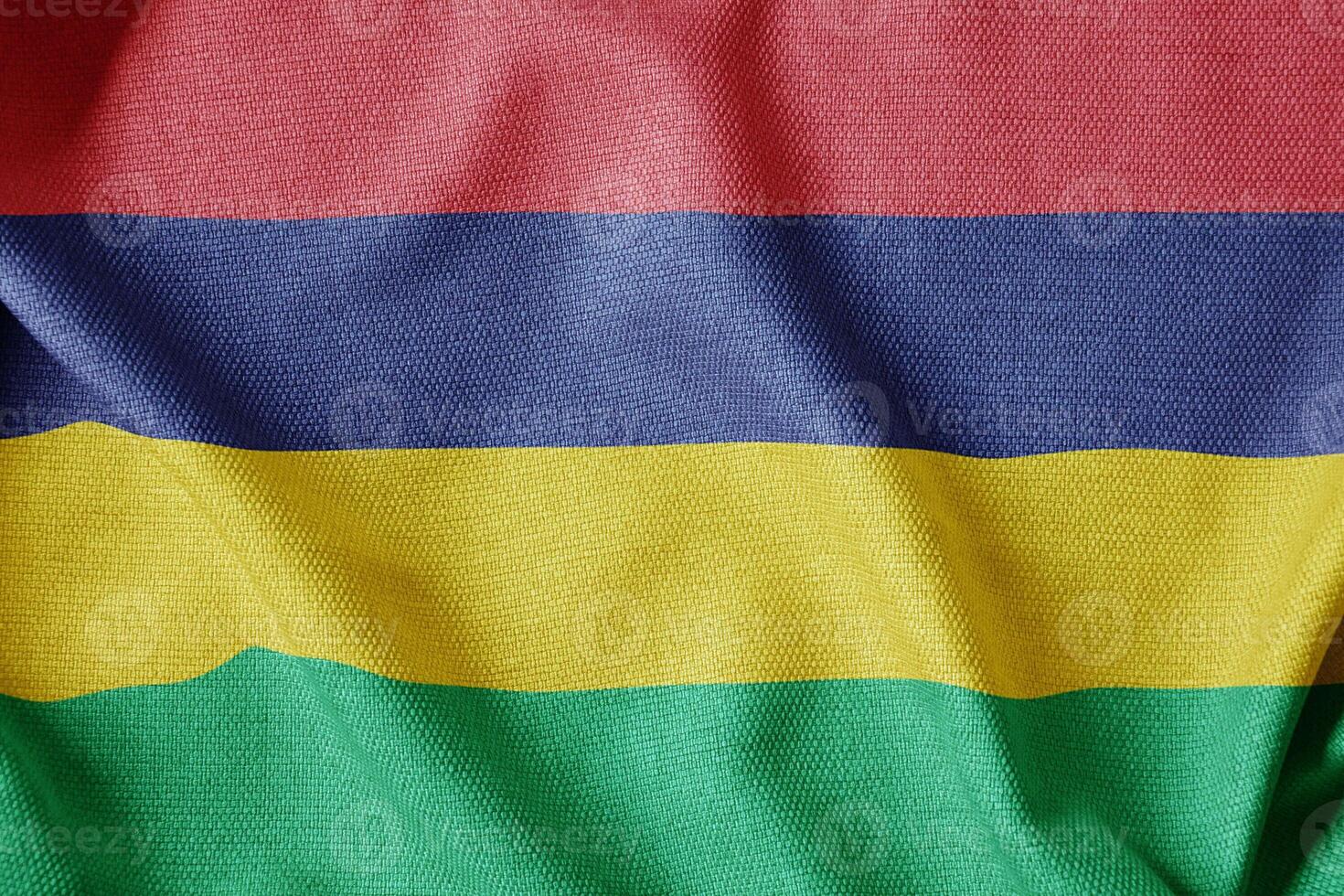 National flag of Mauritius flutters in the wind. Wavy Flag. Close-up front view photo