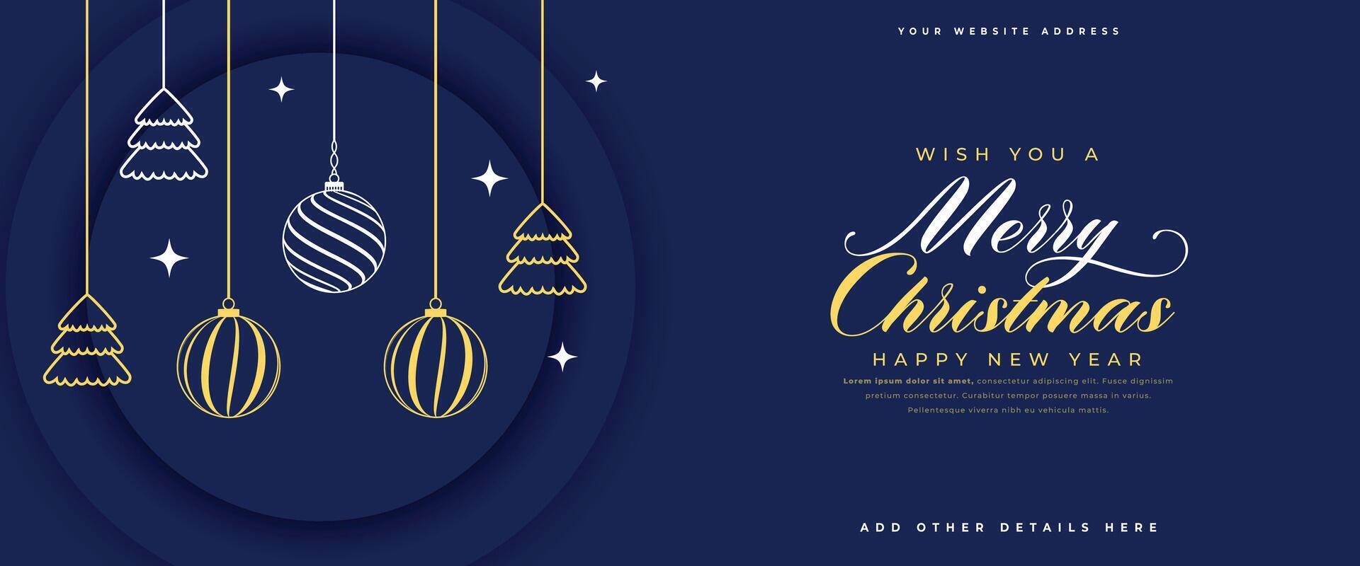 merry christmas eve wishes banner with hanging bauble and tree vector