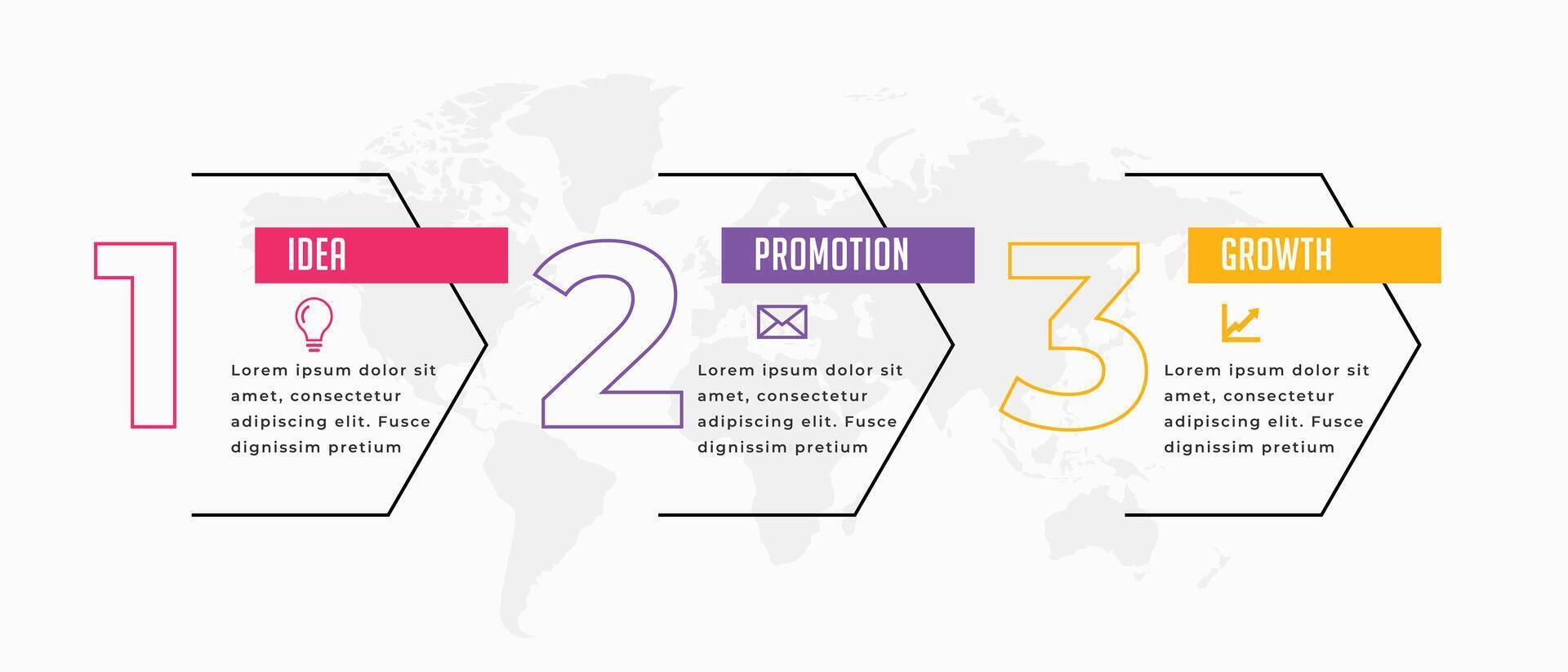 moderno Tres paso infografía secuencia gráfico modelo con mundo mapa diseño vector
