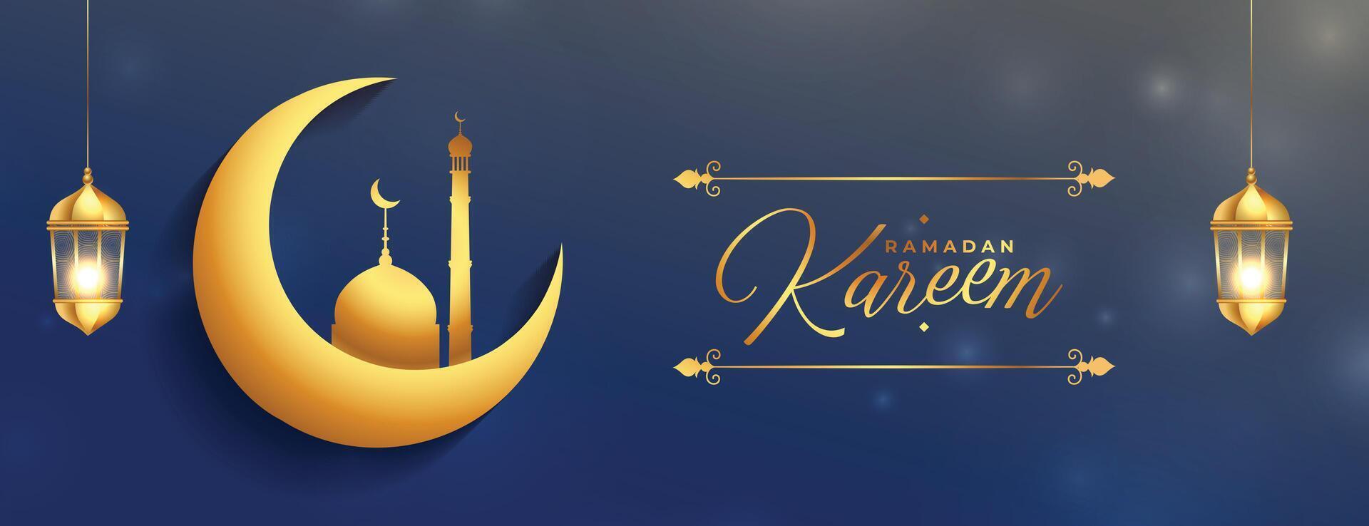Arábica Ramadán kareem eid festival dorado brillante bandera diseño vector