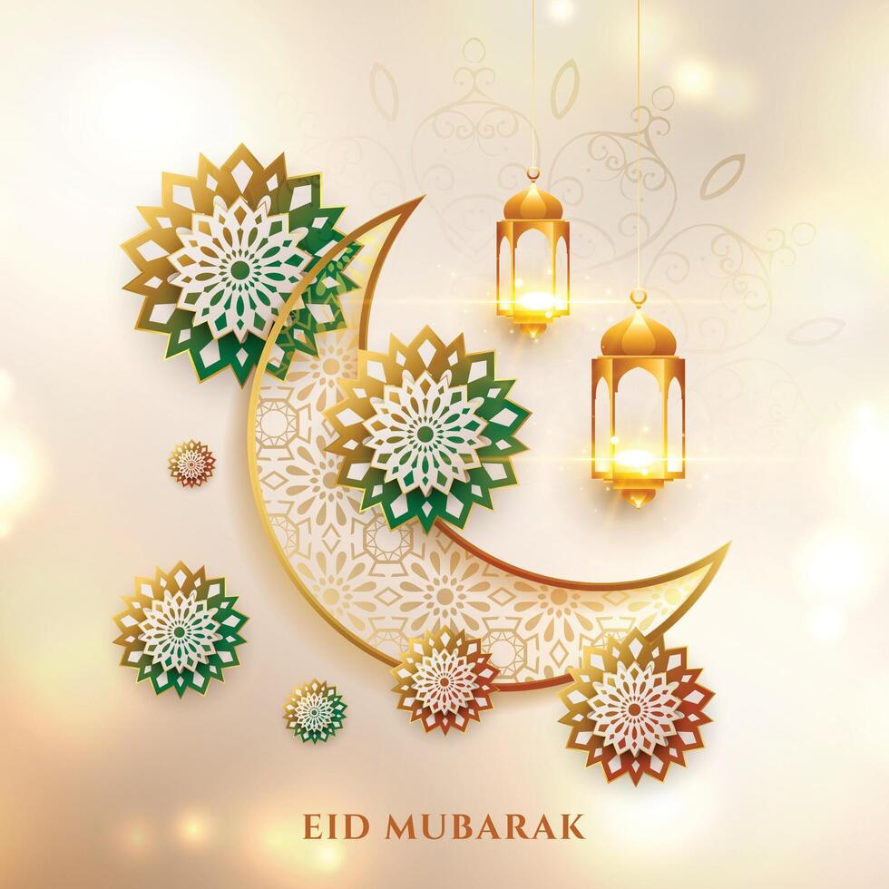 cultural eid mubarak decorative moon and lantern greeting vector