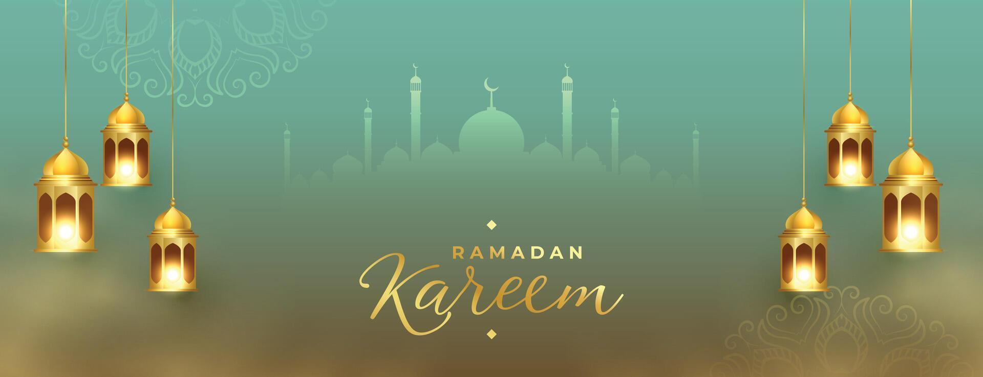 Ramadán kareem dorado linterna eid festival hermosa bandera diseño vector