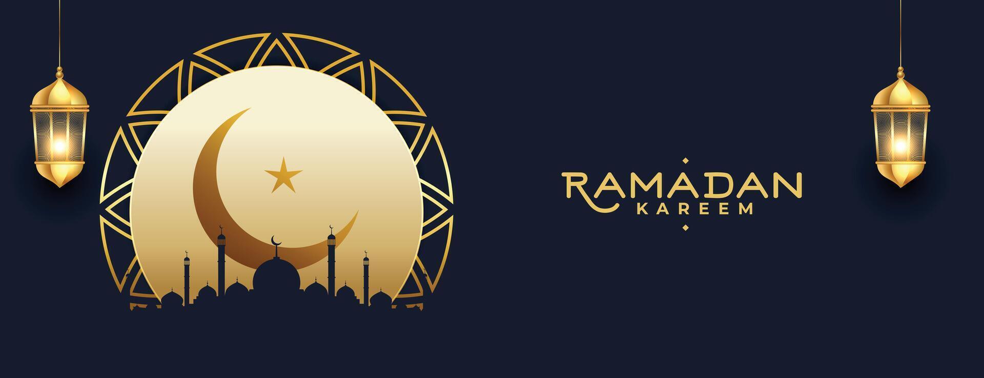 Ramadán kareem festival temporada bandera con Luna y linterna vector