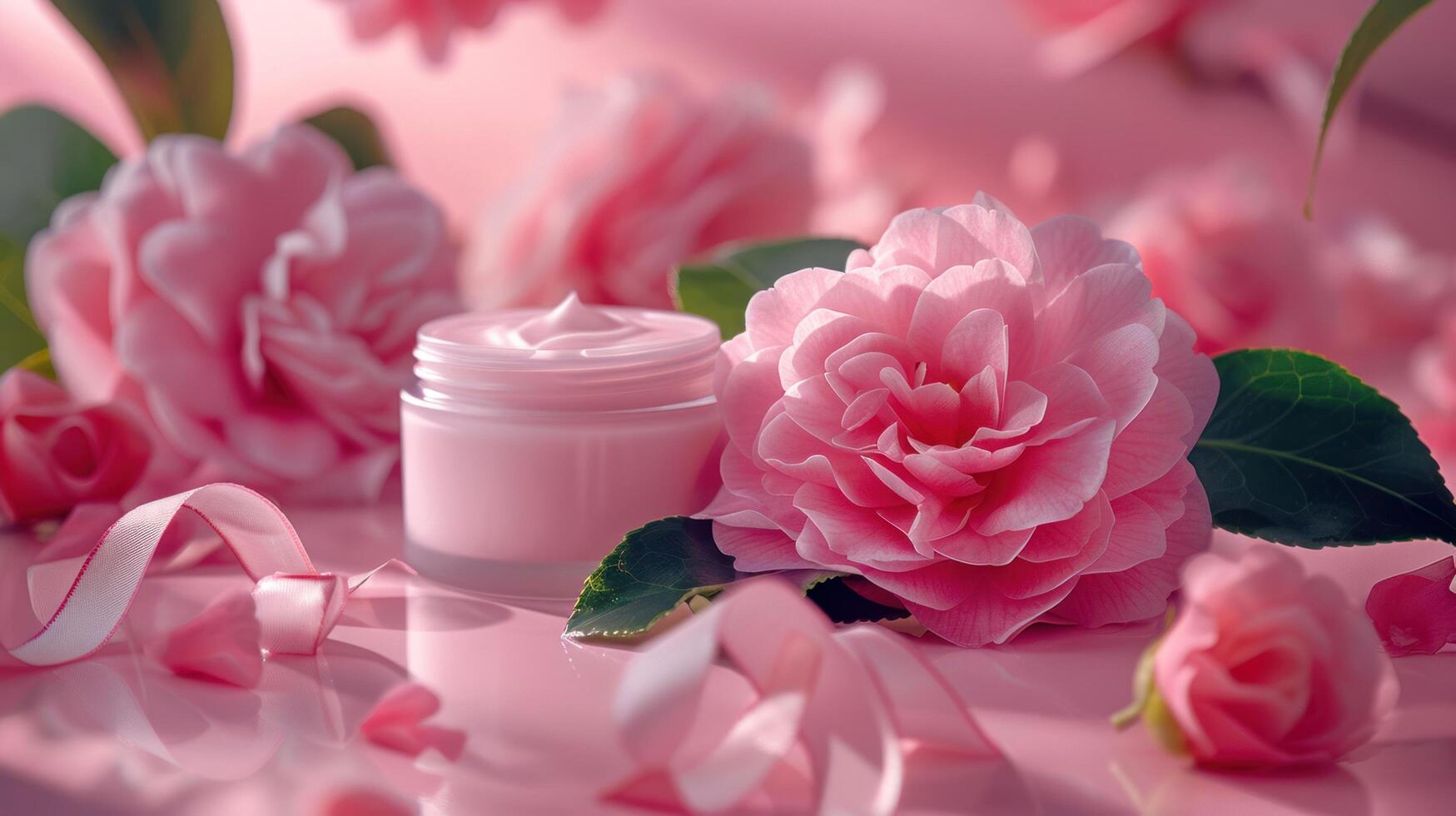 AI generated Elegant pink camellia featured in Camellia cosmetic ads, along with cream bottle and ribbons photo