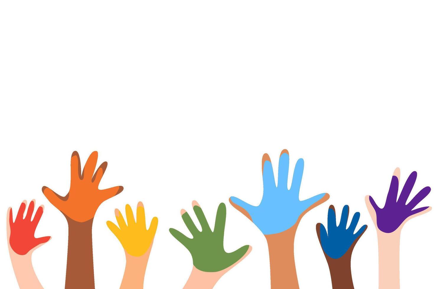 Set of colorful children hands raised up. Different skin tone hands with rainbow paint on in. vector