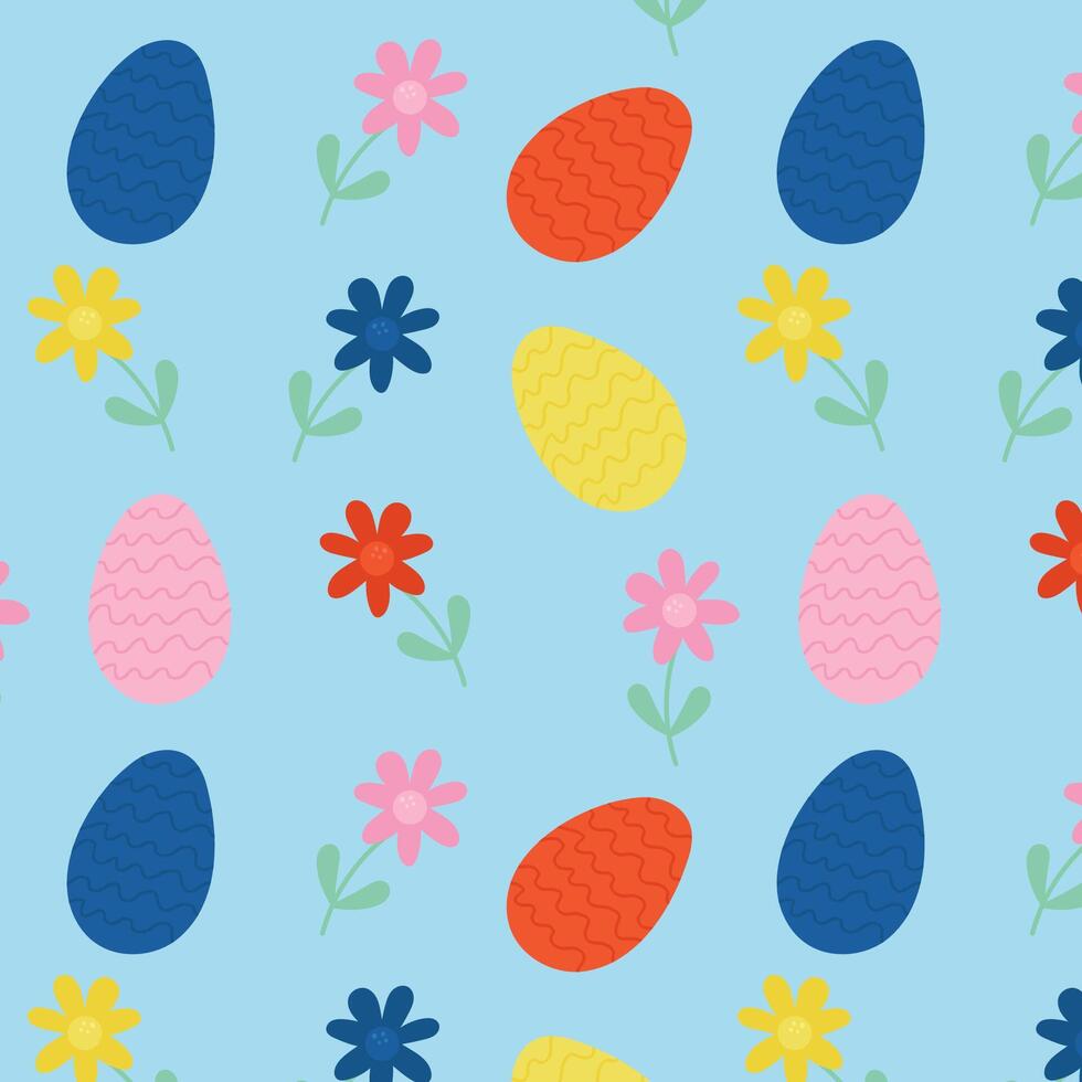 Easter eggs and flowers seamless pattern. Hand draw Easter colored eggs and flowers vector pattern.