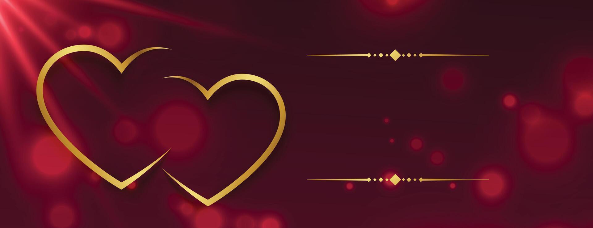 red bokeh valentines day banner with golden hearts and light effect vector