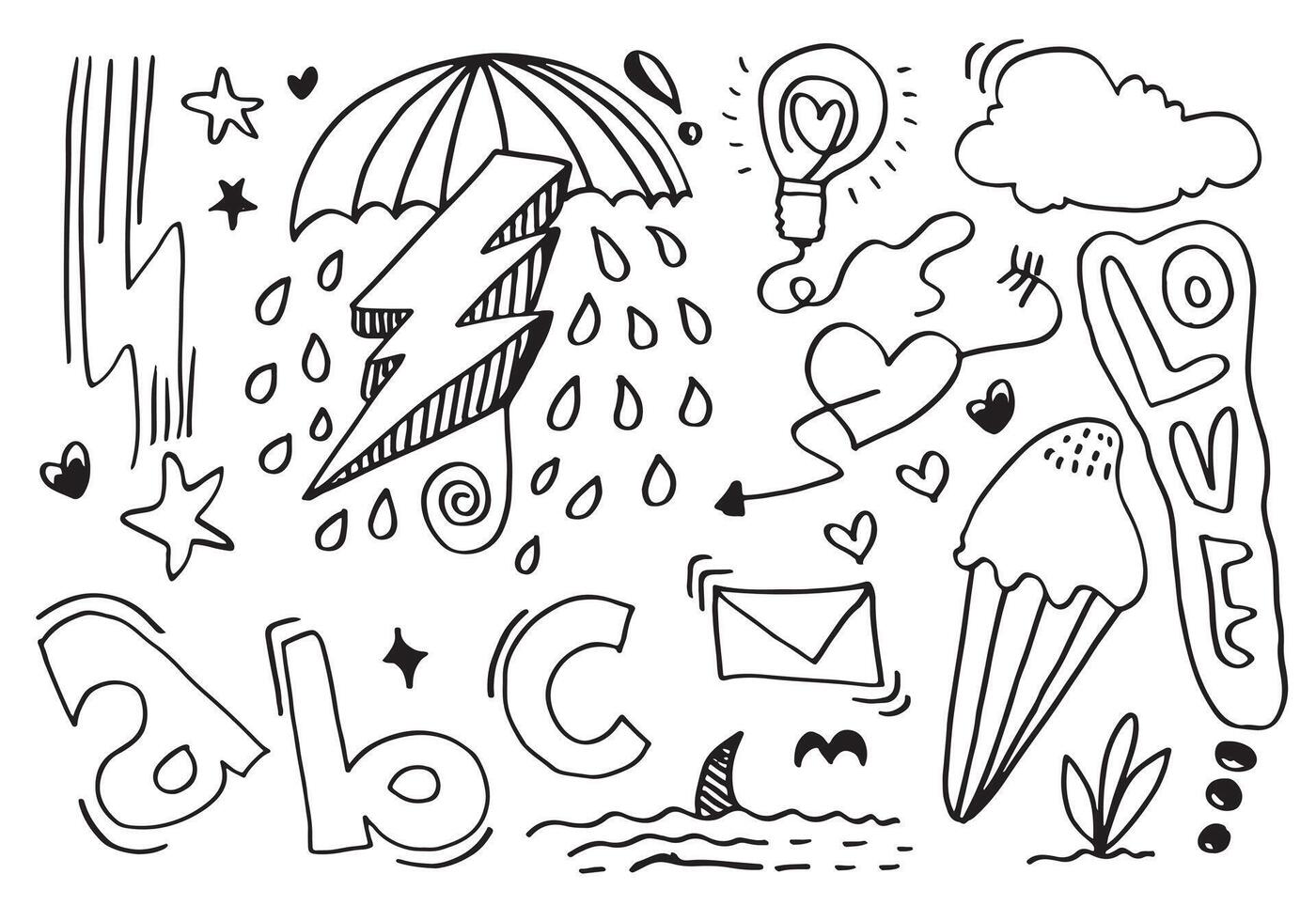 hand-drawn cute doodle set on white background. doodle design elements.doodle kids for decoration and coloring page. vector