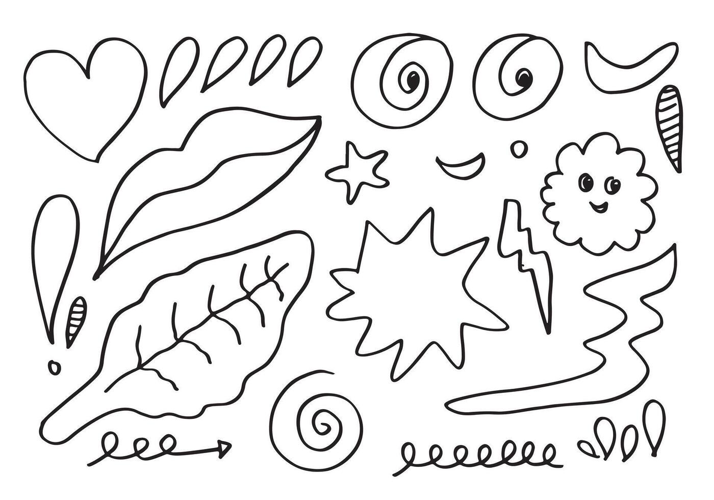 Hand drawn doodle design elements, black on white background. mouth, heart, leaf, eye, star, line. doodle sketch design elements. vector
