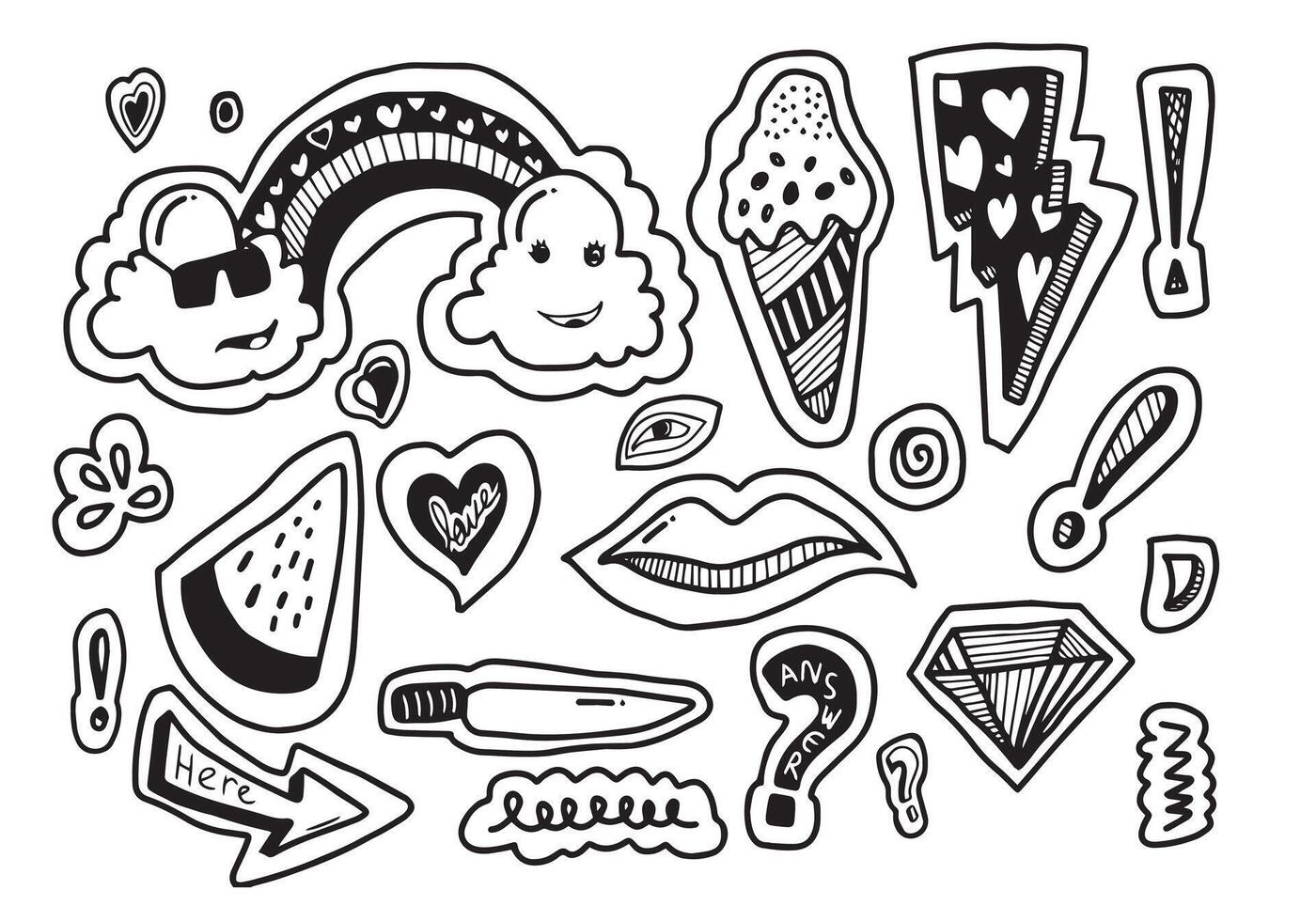 Collection of stickers with doodle style. Set of cartoon stickers, patches, badges, pins, prints for kids. Doodle style. Vector illustration.