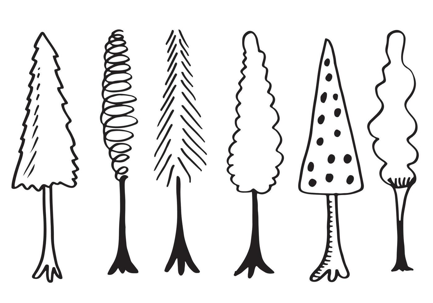 doodle park forest conifer abstract silhouettes outlined trees in black color collection set vector
