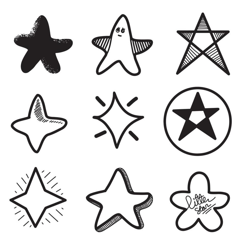 Hand drawn stars set. Star doodles collection on white background. vector